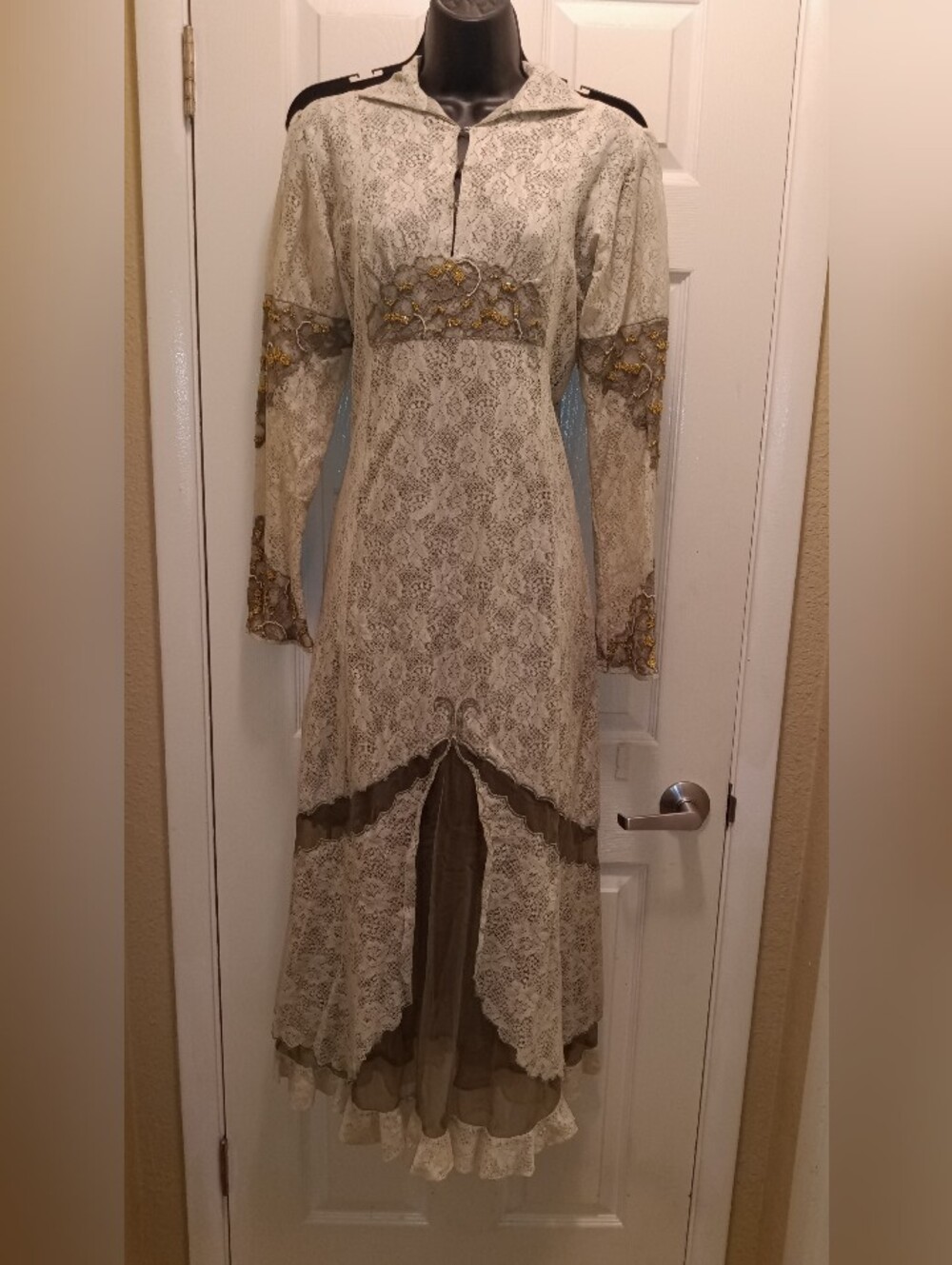 Vintage Yantha Khaki Ivory Lace Long Sleeve Maxi W/ Gold Embroidery
